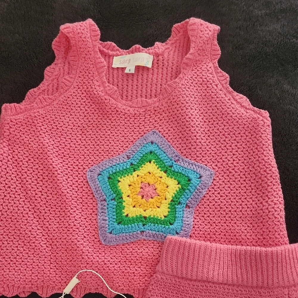 Sara Sara Pink Knit Star Crochet Accent Kids Matching Set